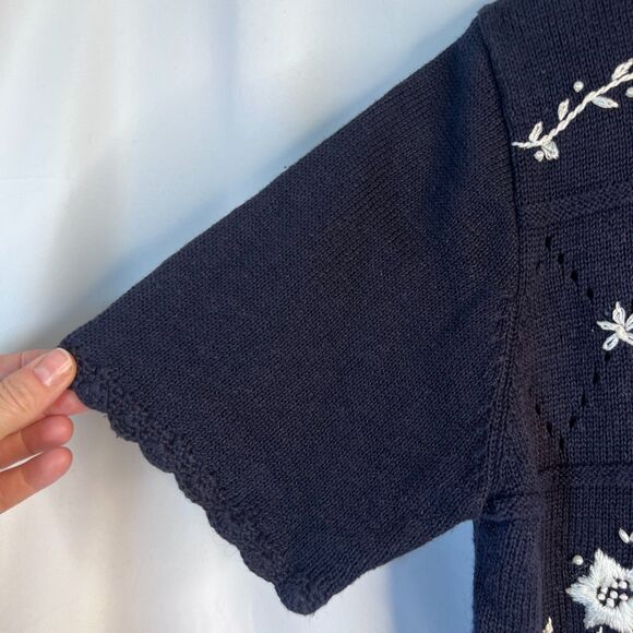 Worthington Vintage Navy Embroidered Crochet Knit Short Sleeve Sweater Large - Picture 4 of 11